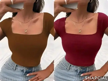 Square Neck Short Sleeve Crop Tops For Women And Girls