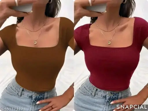 Square Neck Short Sleeve Crop Tops For Women And Girls