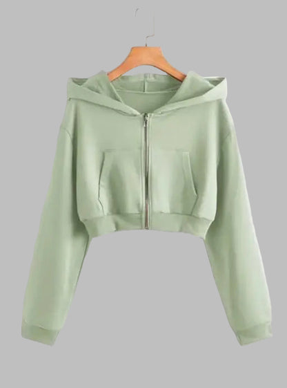 VELOMI Women’s Full Sleeve Solid Mint Green Hooded Crop Jacket – Stylish & Comfortable
