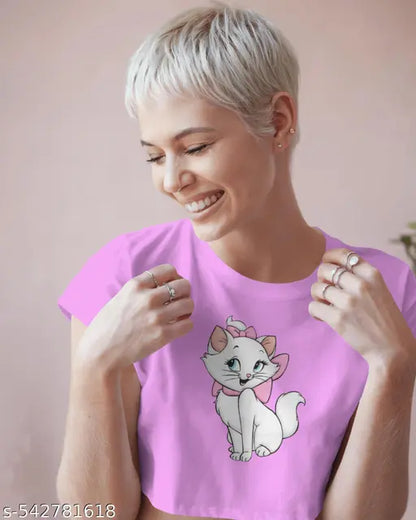 Trending Printed Crop Top for Women - Stylish Cotton Blend Short T-Shirt, Cute Animal Graphic Tee, Casual Streetwear Fashion Party Wear Daily Wear Summer Short Sleeve Crop Top Oversize Trendy Cartoon Print Top For Girls