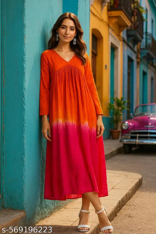 VELOMI Rayon V-Neck Tie & Dye A-Line Dress – Casual Chic for Women