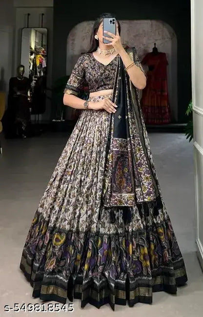 VELOMI Women’s Tussar Silk Lehenga Choli – Printed & Foil Print Festive Set