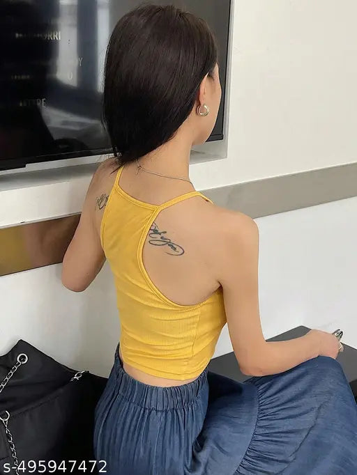 Women's Ribbed Halter Crop Top – Sleeveless Stretchy Camisole, Casual Summer Tank in Yellow, Crew Neck , Solid , Crop Tank Top