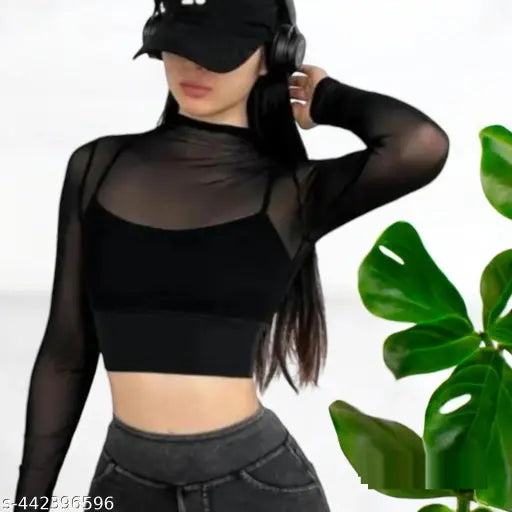 Mesh Crop Top Sexy Sheer T-Shirt for Women, Black