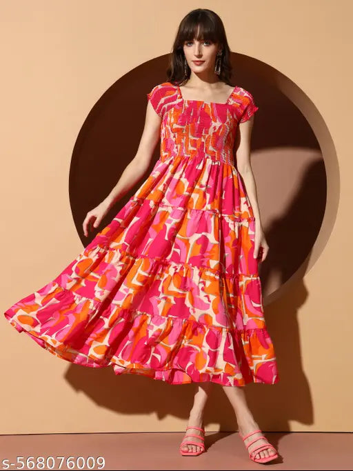 VELOMI Abstract Print Fit & Flare Dress – Effortless Chic with Smocked Bodice