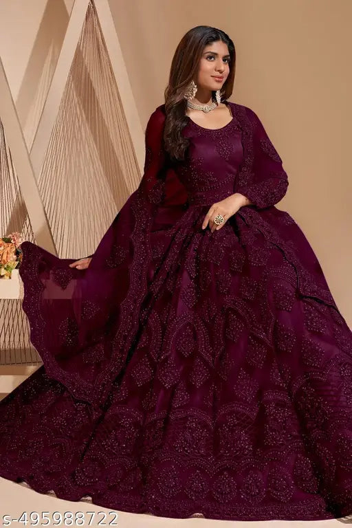 KV FASHION Women's Net Embroidered Semi-Stitched Gown