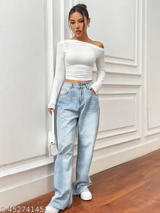 Istyle Can Solid White Color Asymmetric Collar Pleated Cropped Top - Asymmetrical Neck, Ruched Design, Regular Sleeve, Casual Style, Plain Pattern, Long Sleeve | Full Sleeve, Crop Length, Slim Fit, Medium Stretch Knitted Fabric, 95% Polyester, 5% Elastane