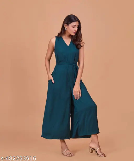 Fashfun Women's Green Anti Fit Jumpsuit With Waist Tie-up