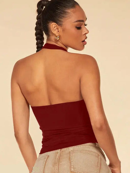 VELOMI Solid Halter Neck Sleeveless Crop Tank Top – Chic Western Style for Women