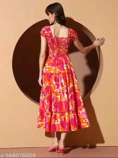 VELOMI Abstract Print Fit & Flare Dress – Effortless Chic with Smocked Bodice
