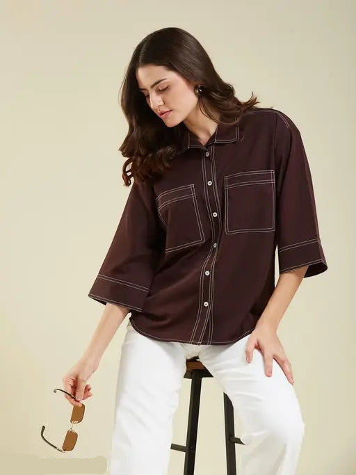 Women’s Brown Coffee Crepe Oversized Shirt – Solid Casual Blouse with Contrast Stitching