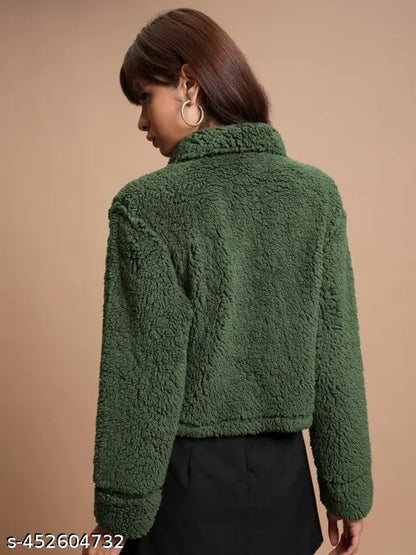 VELOMI Solid Olive Fur Jacket – Stylish Sherpa Winter Wear for Women