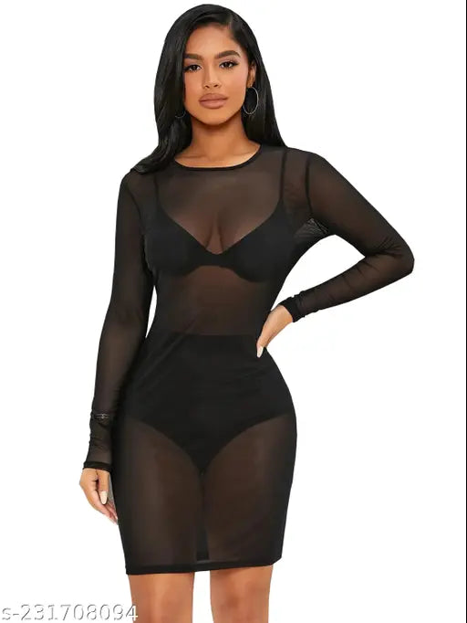 Soft Mesh Sheer Short Bodycon/Midi Without Lingerie Set for Girls and Women, Midi Dress for Party Cocktail Clubwear