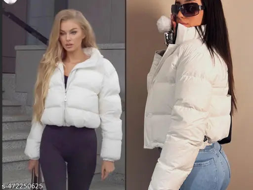 VELOMI Women’s Imported White Winter Jacket – Cropped Puffer Style