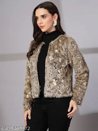 VELOMI Women’s Sequin Fur Shrug Jacket – Trendy Party & Winter Wear