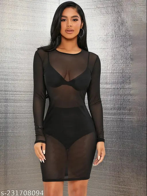 Soft Mesh Sheer Short Bodycon/Midi Without Lingerie Set for Girls and Women, Midi Dress for Party Cocktail Clubwear