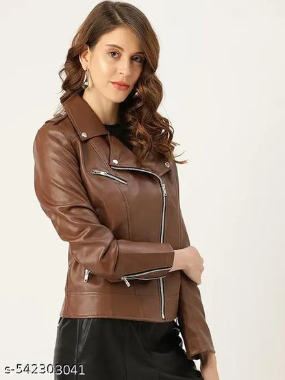 VELOMI Stylish Light Brown PU Jacket – Classic Biker Cut for Women