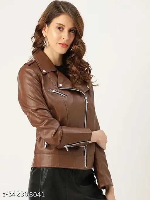 VELOMI Stylish Light Brown PU Jacket – Classic Biker Cut for Women