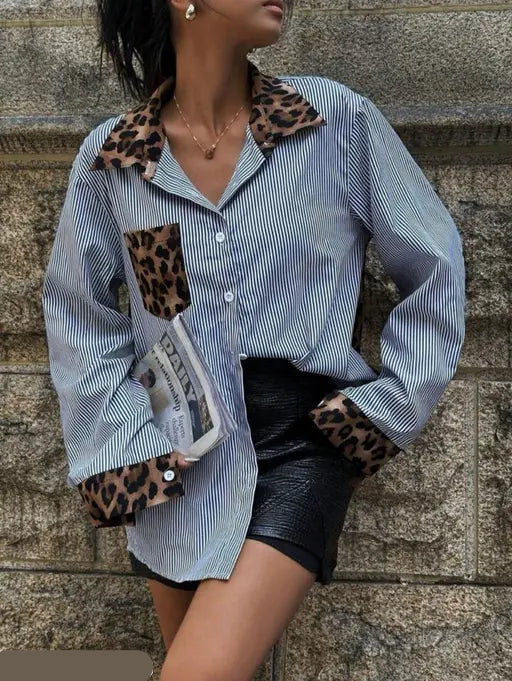 Women’s Casual Loose Leopard & Stripe Contrast Shirt – Trendy Autumn/Winter Essential