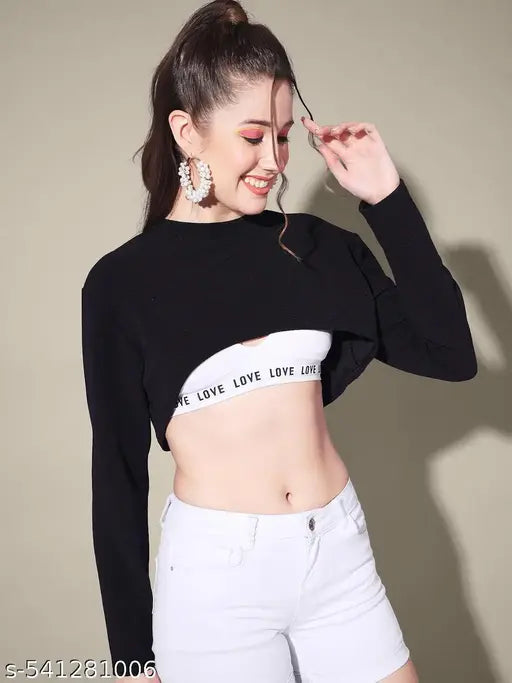 Black Solid Round Neck Stylish Women Bust Crop Top