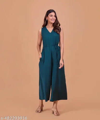 Fashfun Women's Green Anti Fit Jumpsuit With Waist Tie-up