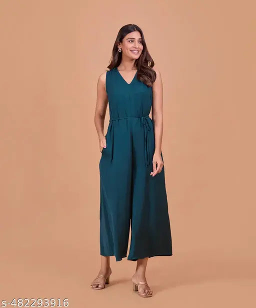 Fashfun Women's Green Anti Fit Jumpsuit With Waist Tie-up