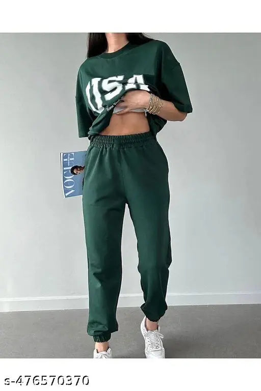 Round Neck Half Sleeve Pretty Glamorous Women Top & Bottom Sets ( Green)