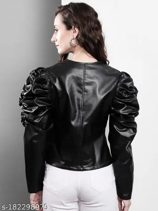 VELOMI Women’s Stylish PU Leather Jacket – Bold Puff Shoulder Trend