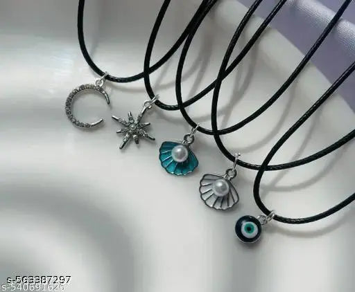 Set of 5 Aesthetic Trendy Silver Plated Charm Black Cord Pendant Necklace For Women And Girls | Accessories | Gift | Korean | Minimal | Neckpiece | Aesthetic Jewellery | Trendy Silver Dreamy Necklaces | Adjustable Sizing