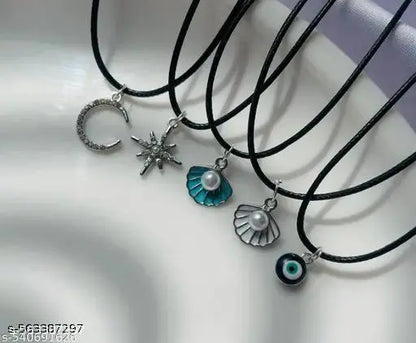 Set of 5 Aesthetic Trendy Silver Plated Charm Black Cord Pendant Necklace For Women And Girls | Accessories | Gift | Korean | Minimal | Neckpiece | Aesthetic Jewellery | Trendy Silver Dreamy Necklaces | Adjustable Sizing