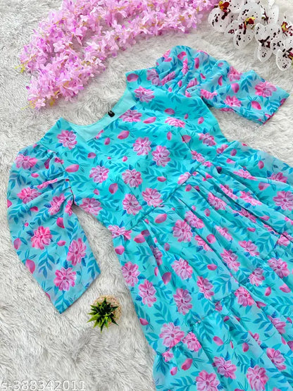 Sky Blue Puff Sleeved Flared Dress