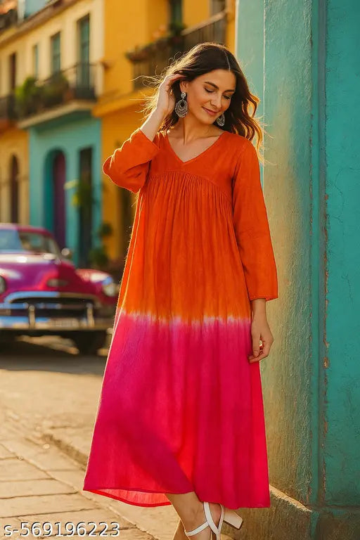 VELOMI Rayon V-Neck Tie & Dye A-Line Dress – Casual Chic for Women