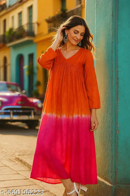 VELOMI Rayon V-Neck Tie & Dye A-Line Dress – Casual Chic for Women