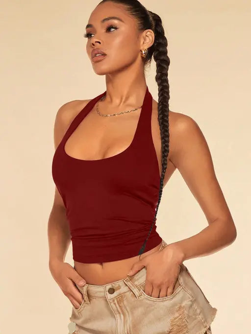 VELOMI Solid Halter Neck Sleeveless Crop Tank Top – Chic Western Style for Women