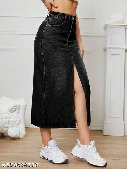 H&H Premium BLACK Whisker Midi DENIM Skirt
