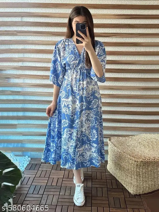 DRINETRA midi western dress for women Floral Printed V-Neck Flared Sleeve Maxi Dress