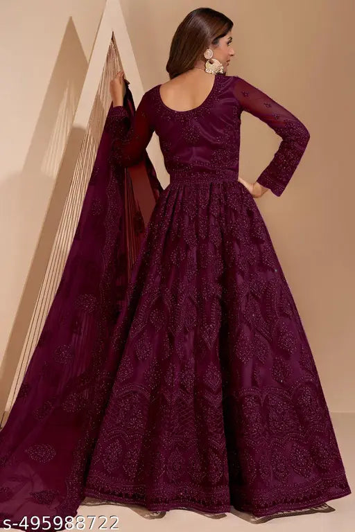 KV FASHION Women's Net Embroidered Semi-Stitched Gown