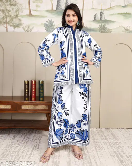 VEERVASTRA Stylist Floral Co-Ord Set for Women | Trendy Elegant Ethnic Top & Flared Pant | Designer Indo-Western Dress for Party, Festive & Office Wear | 2025 Trending Co-Ord Outfit | Stylish Printed Fusion Wear | Women Co-Ord Set | Premium Floral Two-Pie