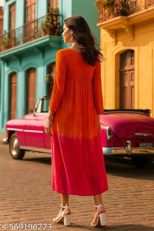 VELOMI Rayon V-Neck Tie & Dye A-Line Dress – Casual Chic for Women