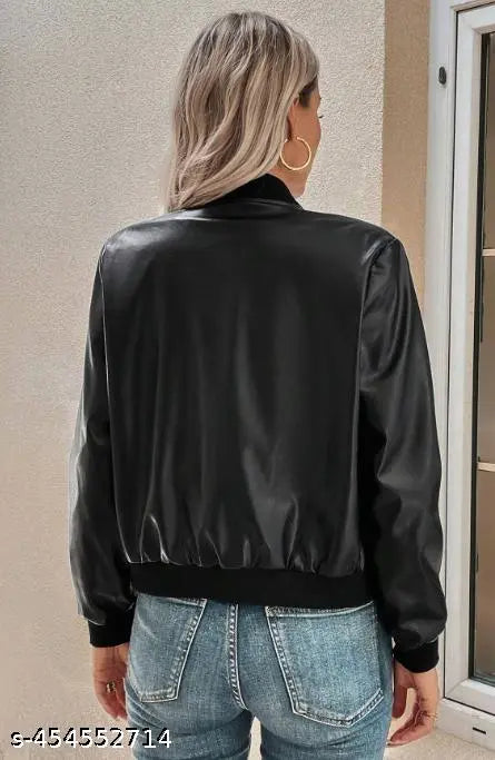 VELOMI Women’s Black Crop Faux Leather Jacket – Stylish Bomber Winter Wear