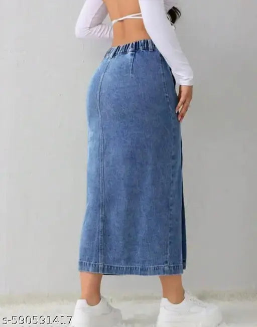Blue Denim Midi Skirt for Women | High Waist Button Front Skirt | Casual Long Jean Skirt