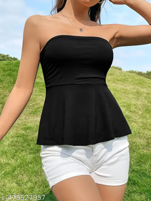 Solid Tube Flared Peplum Crop Top For Women Western Wear