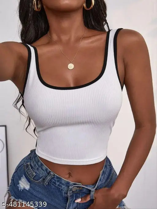 Edge Notch Neck Rib Knit Tank Top Women Crop Tops And Tunics "White Crop Top" Women's White Crop Top Girls White Crop Top Short Top Center U Designer Sando Tops Women's & Girls Solid Ribbed "Tank Tops" Crop Top Like Blouse Crop Top Haul