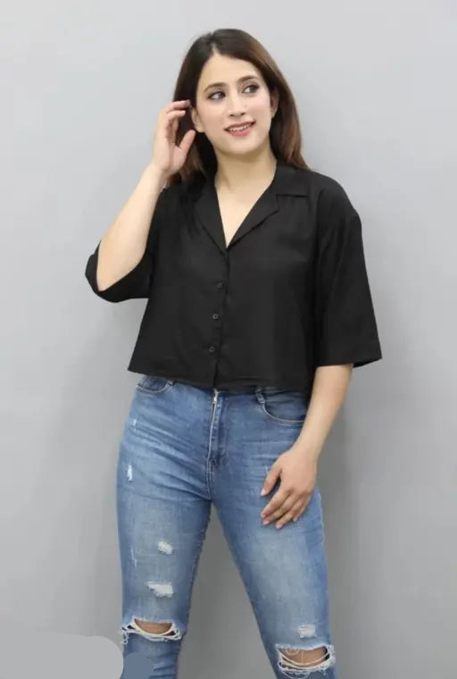 VELOMI Classic Black Crop Shirt – Half-Sleeve Women’s Casual Chic Top