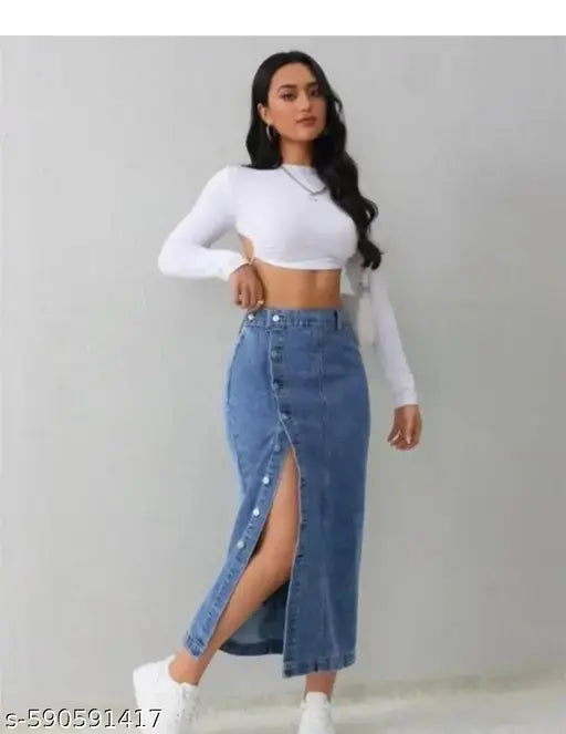 Blue Denim Midi Skirt for Women | High Waist Button Front Skirt | Casual Long Jean Skirt