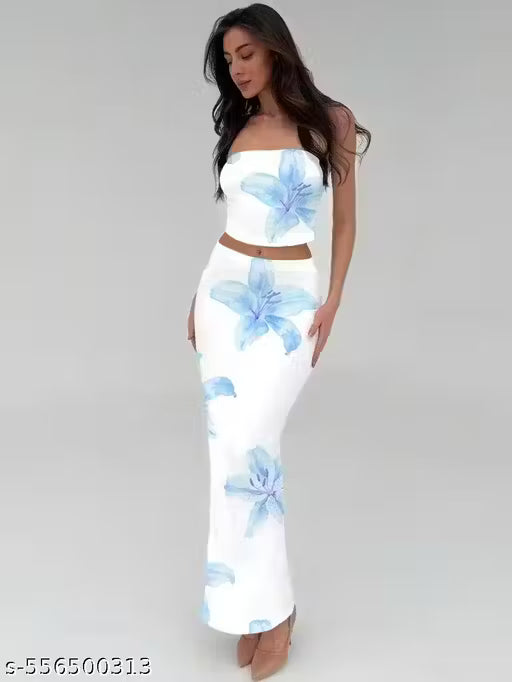 Trendy Floral Co-ord Set for Women | White Tube Crop Top & Skirt | Summer Western Wear Dress | Woman Trendy Dress | Trendy Woman Dress | Trendy Co-ord Set for women