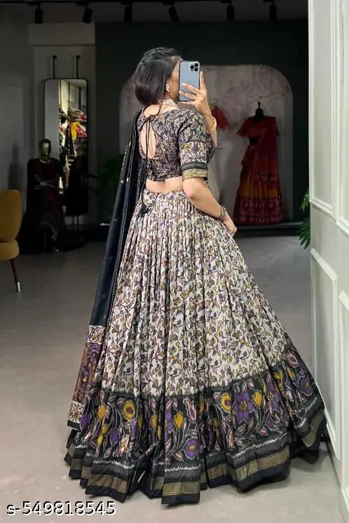 VELOMI Women’s Tussar Silk Lehenga Choli – Printed & Foil Print Festive Set