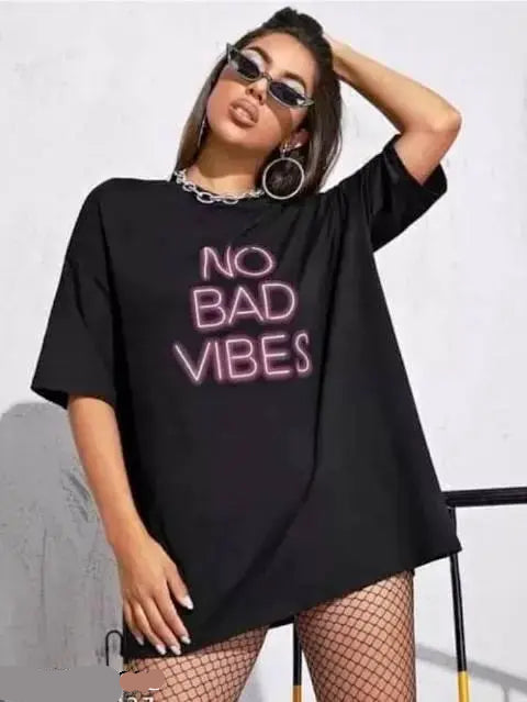 VELOMI Oversized Women’s Printed T-Shirt – No Vibes Only Stylish Graphic Tee