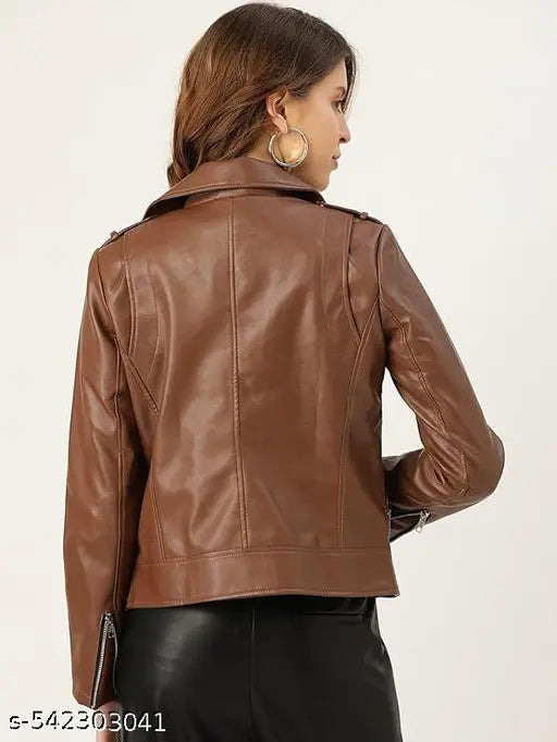 VELOMI Stylish Light Brown PU Jacket – Classic Biker Cut for Women