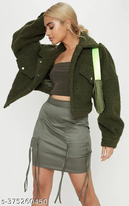 Stylish Jacket For Girl's And Women's, Sherpa Jacket For Women's, Winter Jacket, Full Sleeves Latest Crop Jacket,  Graceful Trendy Crop Winter Jacket For Women's. Solid Olive Fur Jacket For Girl's And Women's.